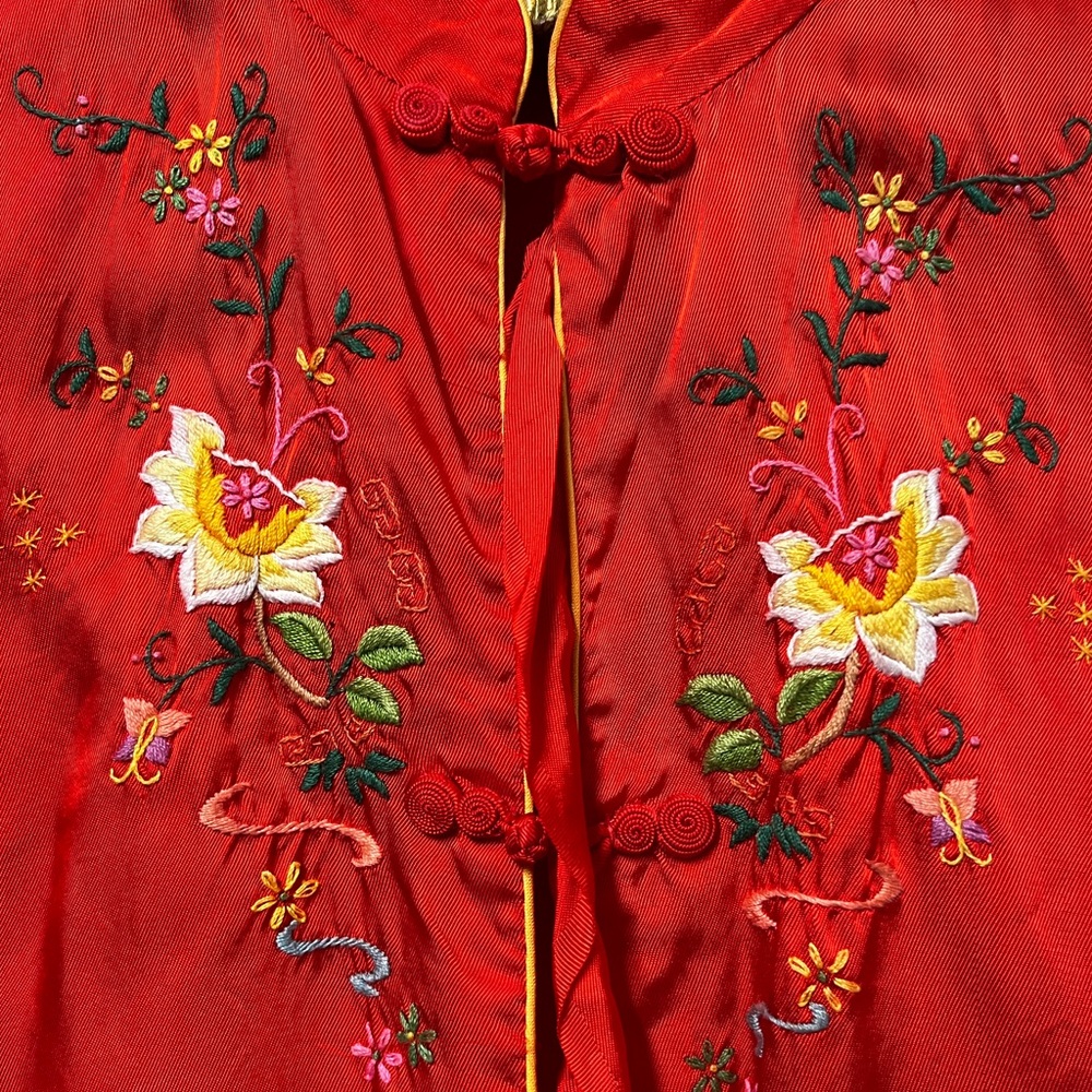 Vintage Red Satin Embroidered Chinese Mandarin Pajama Set Pjs XS - Picture 6 of 7